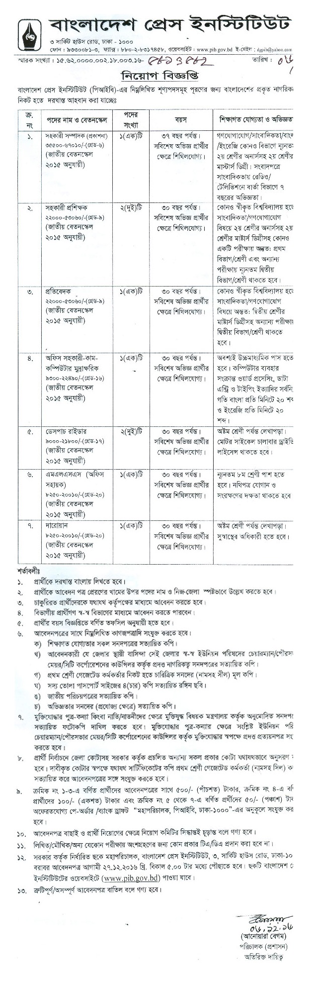 Bangladesh Press Institute Job Circular December 2016