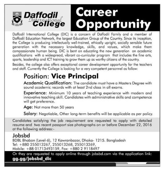 Daffodil International College Job Circular December 2016