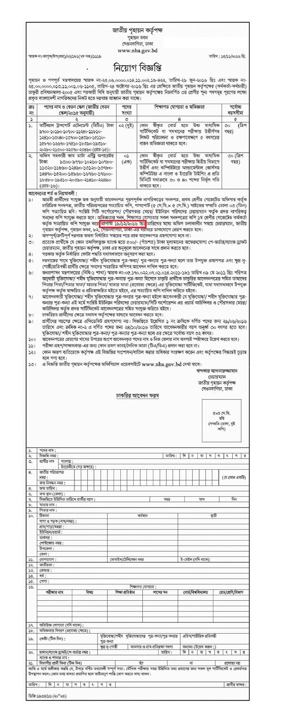 Bangladesh National Housing Authority Job Circular 