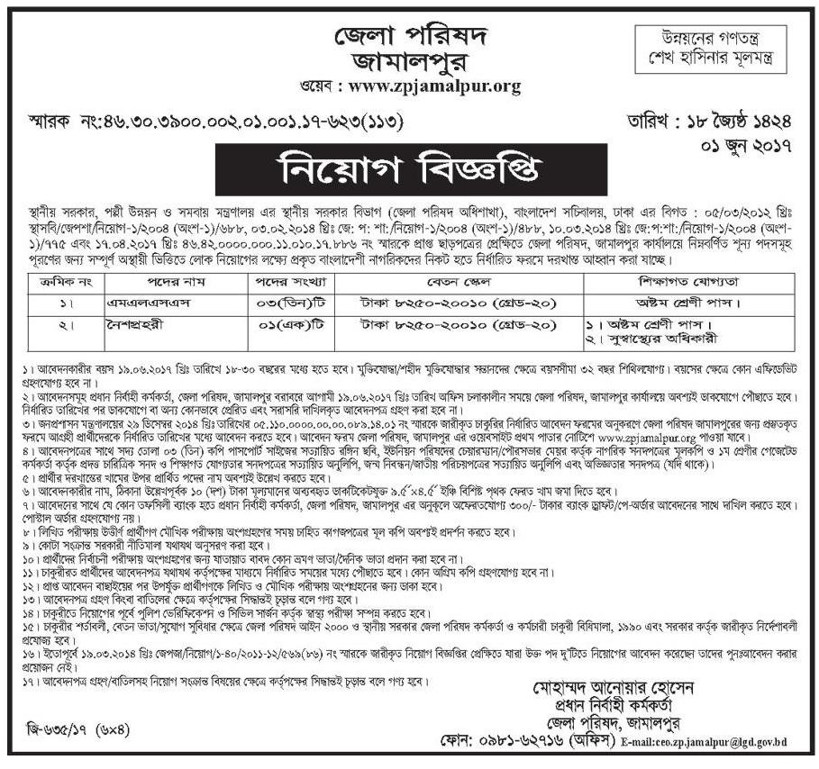 Jamalpur District Council Job Circular 2017