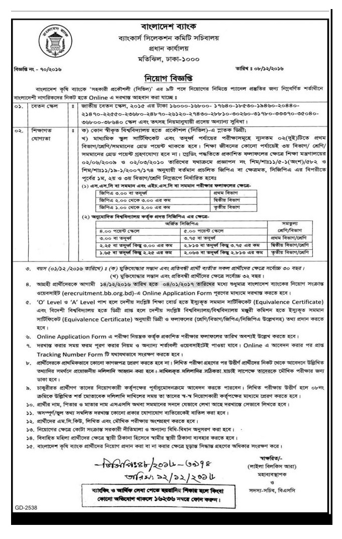 Bangladesh Krishi Bank Jobs Circular December 2016.