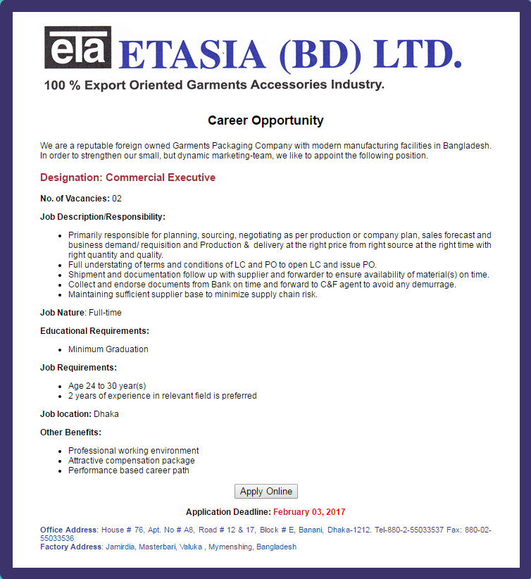  Etasia Bangladesh Ltd Job Circular 2017