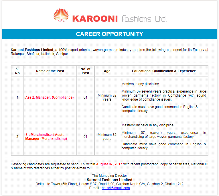 Karooni Fashions Ltd Job Circular 2017