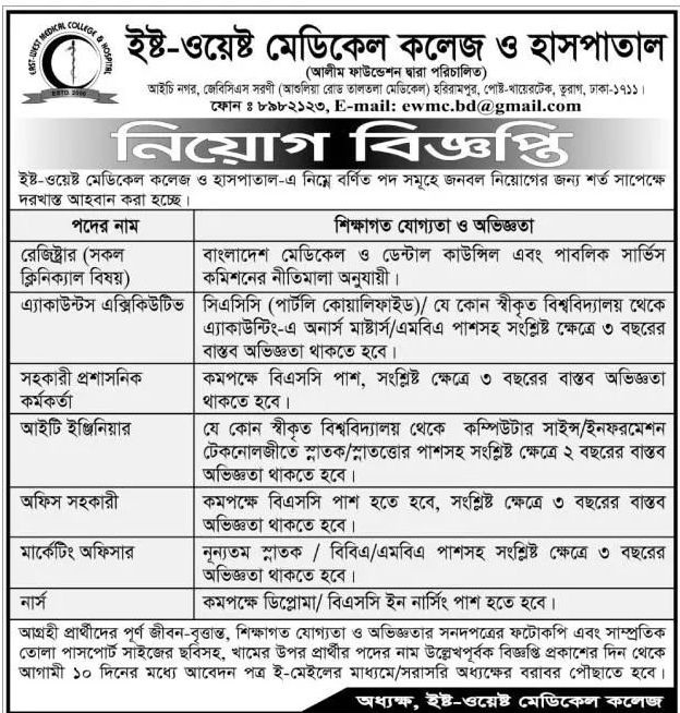 East-West Medical College and Hospital Job Circular 2017