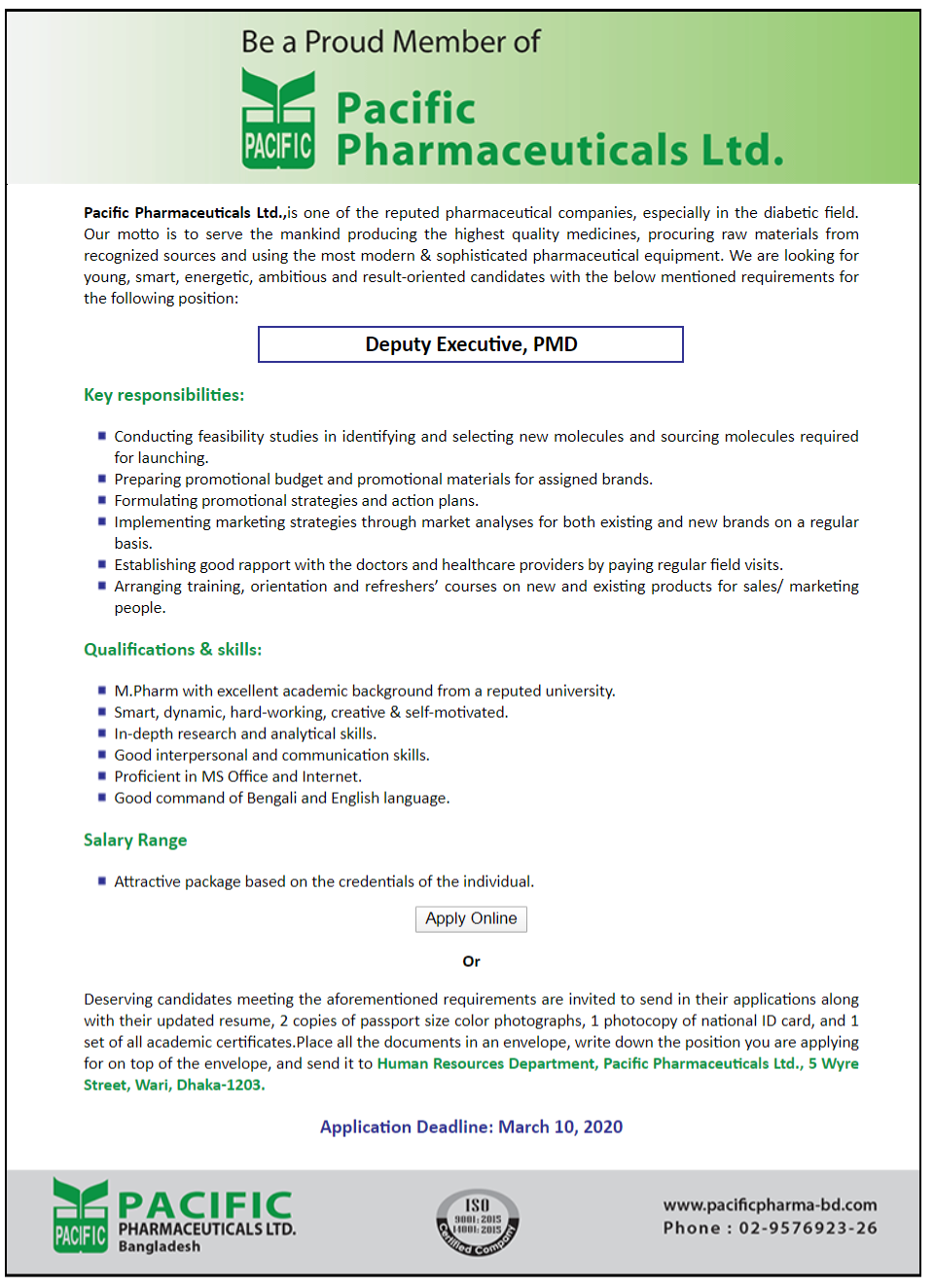Pacific Pharmaceuticals Ltd. Job circular 2020
