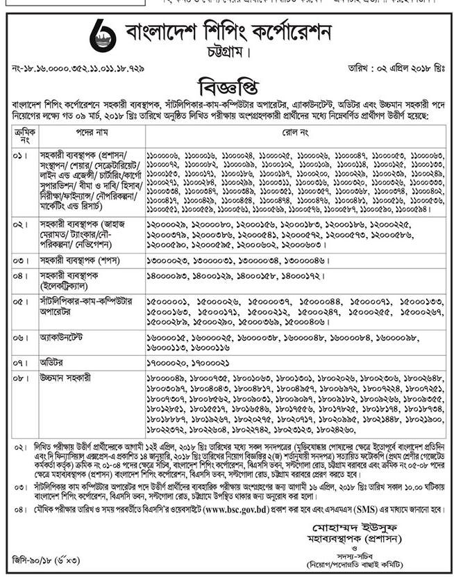 Bangladesh Shipping Corporation (BSC)Job Exam Result 2018