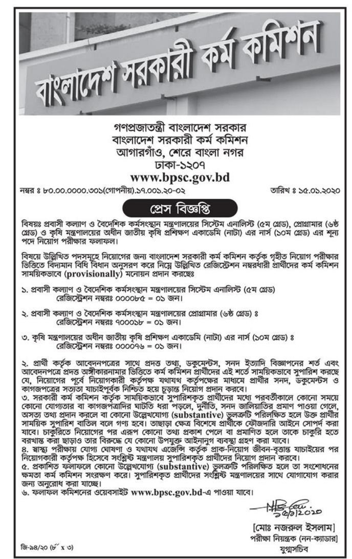 Bangladesh Public Service Commission(BPSC) Job Exam Result 2020