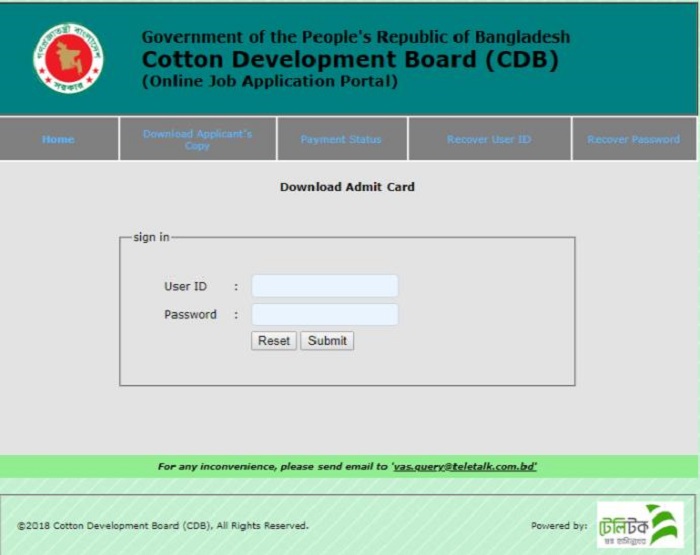 CDB Teletalk Application Form and Admit Card Download