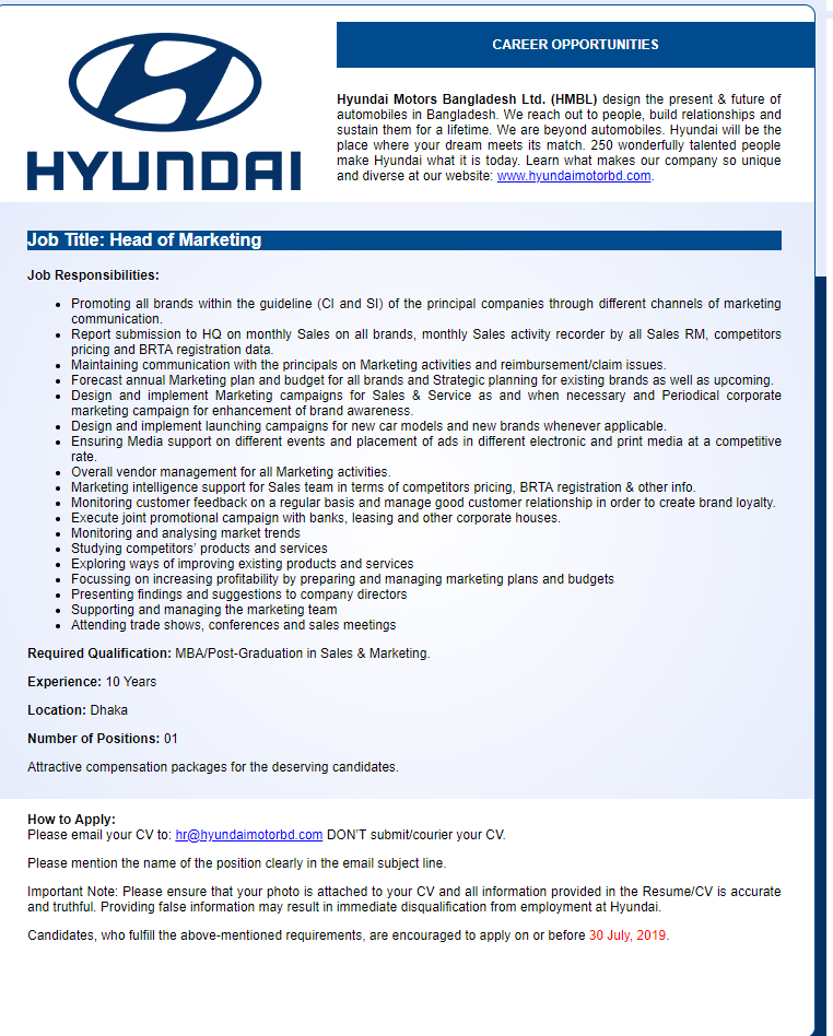 Hyundai Motors Bangladesh Ltd Job Circular 2019
