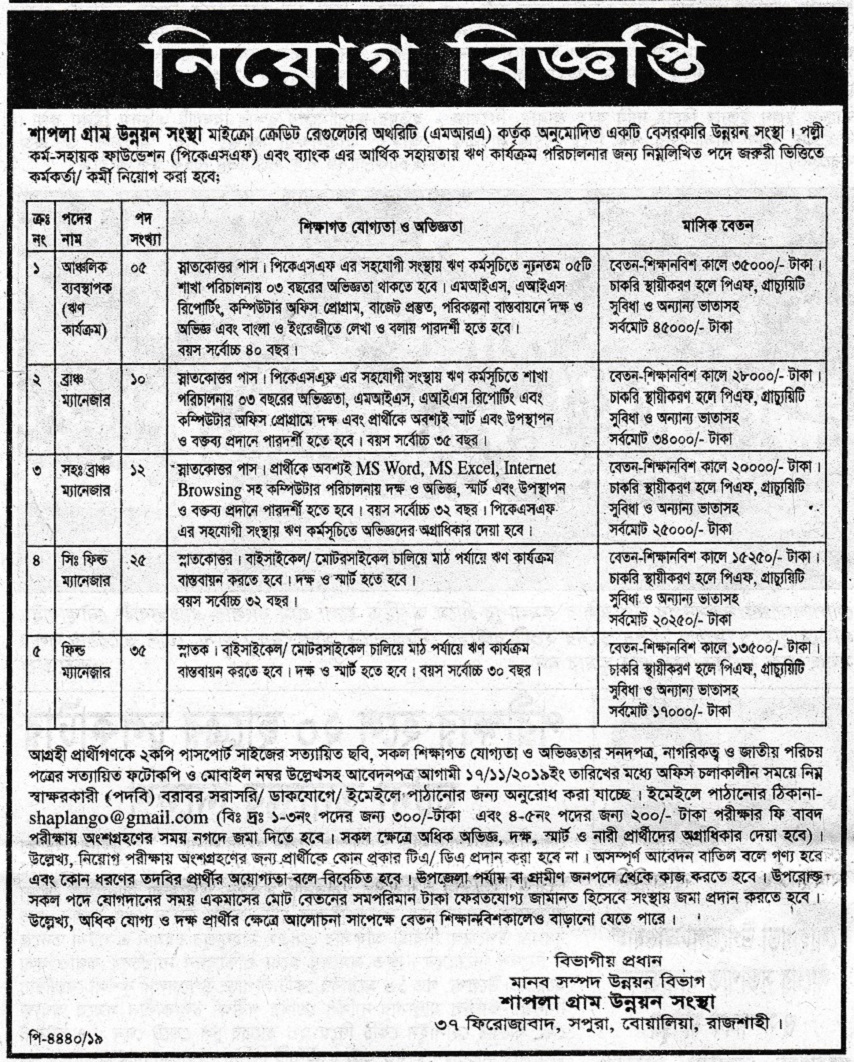 Shapla Gram Unnayan Sangstha Job Circular 2019