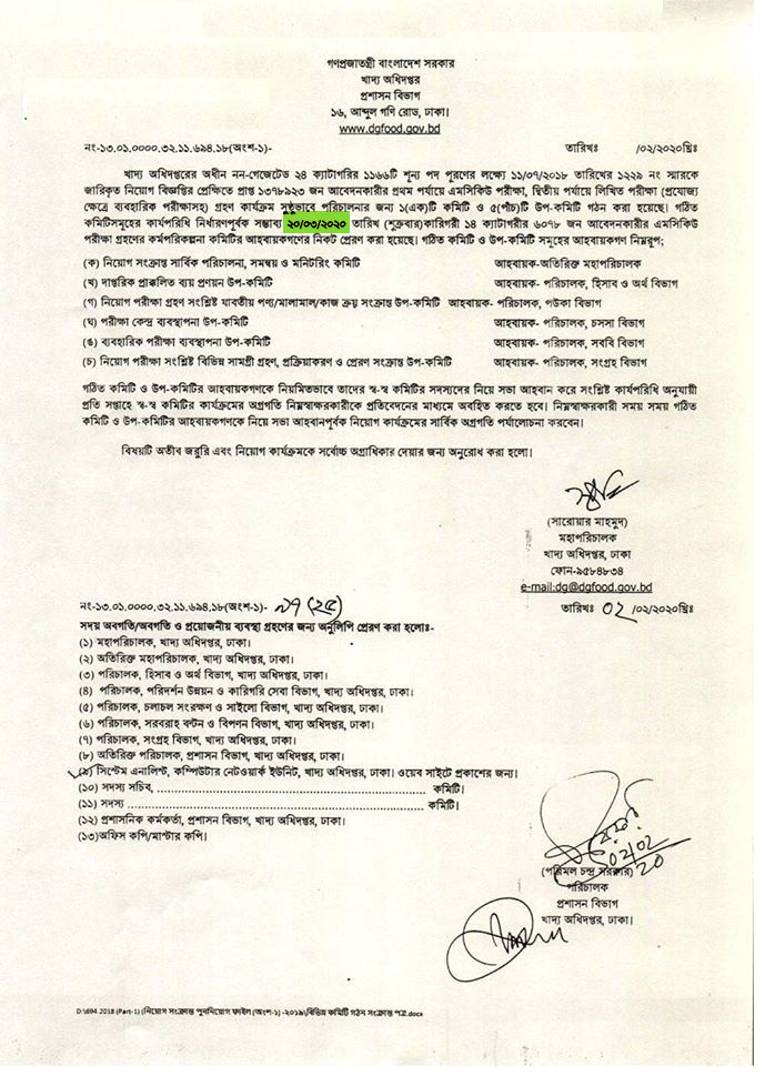 Directorate General of Food Exam Notice 2020