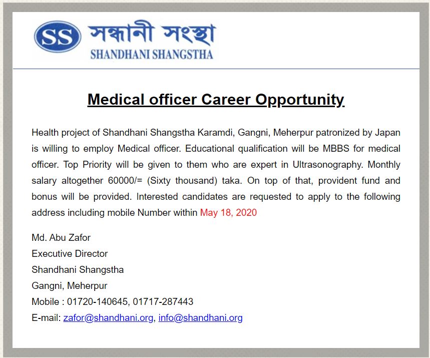 Shandhani Shangstha Job Circular 2020