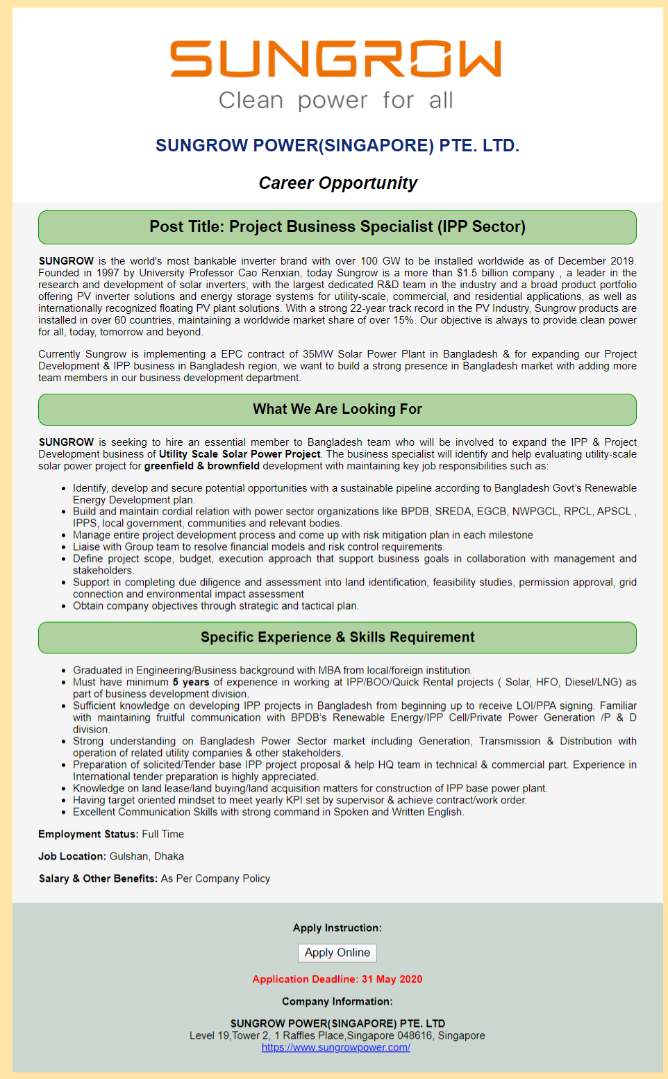 Sungrow Power (Singapore) Pte. Ltd Job Circular 2020