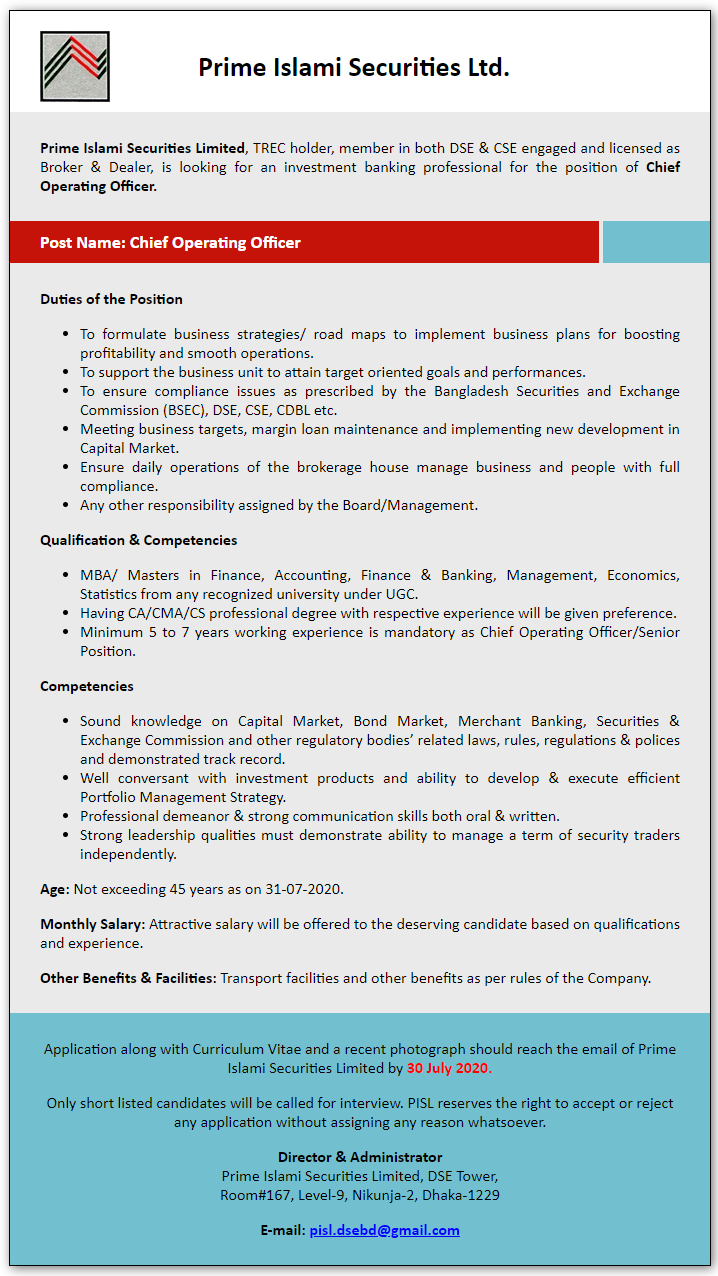 Prime Islami Securities Limited Job Circular 2020